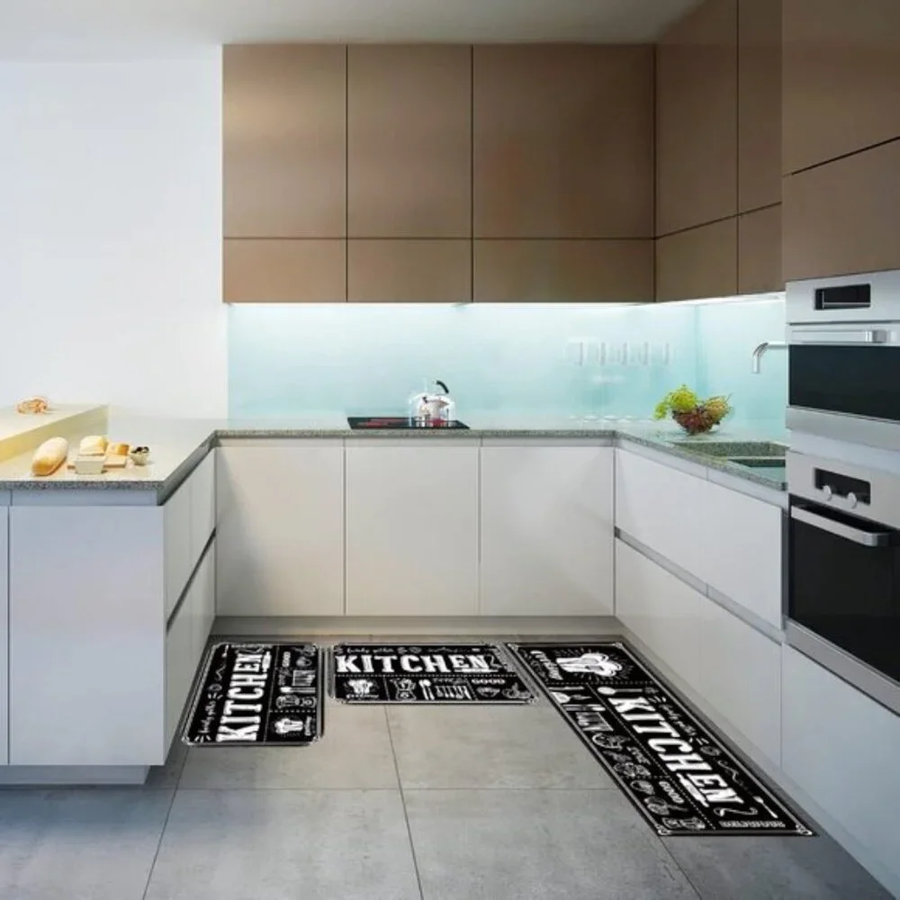 New 3-Piece Black Kitchen Rug Set, Non-Skid Anti-Fatigue Stain-Resistant Mats